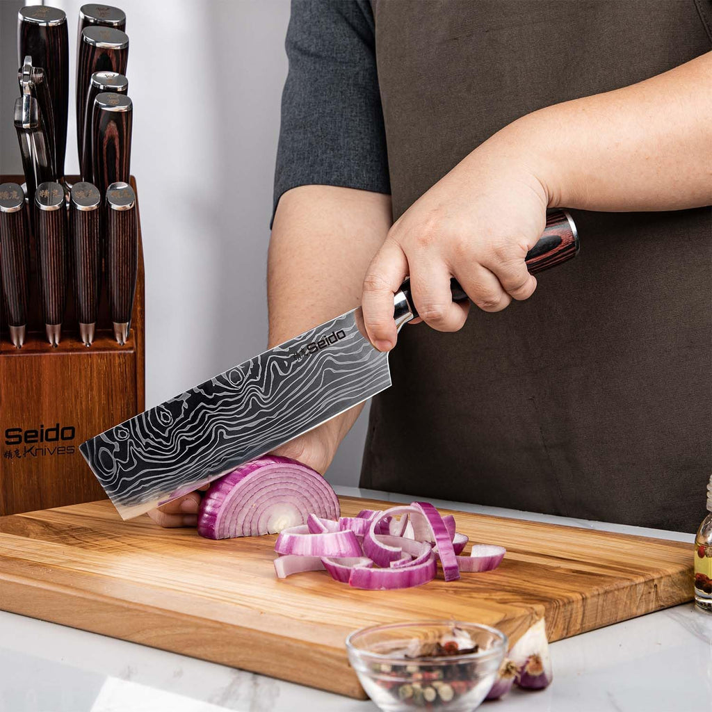 Seido Knives 5-Piece Damascus Master Chef Knife Set - Includes Gyuto, Santoku, Nakiri, Paring Knives - High-Carbon Stainless Steel Kitchen Knives