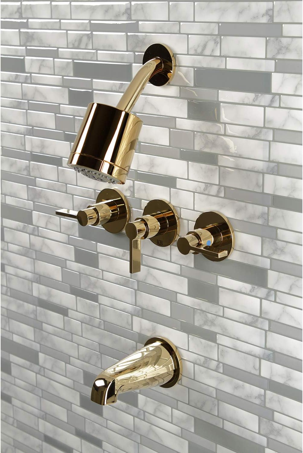 Kingston Brass KBX8132NDL NuvoFusion Triple-Handle Tub and Shower Faucet in Polished Brass