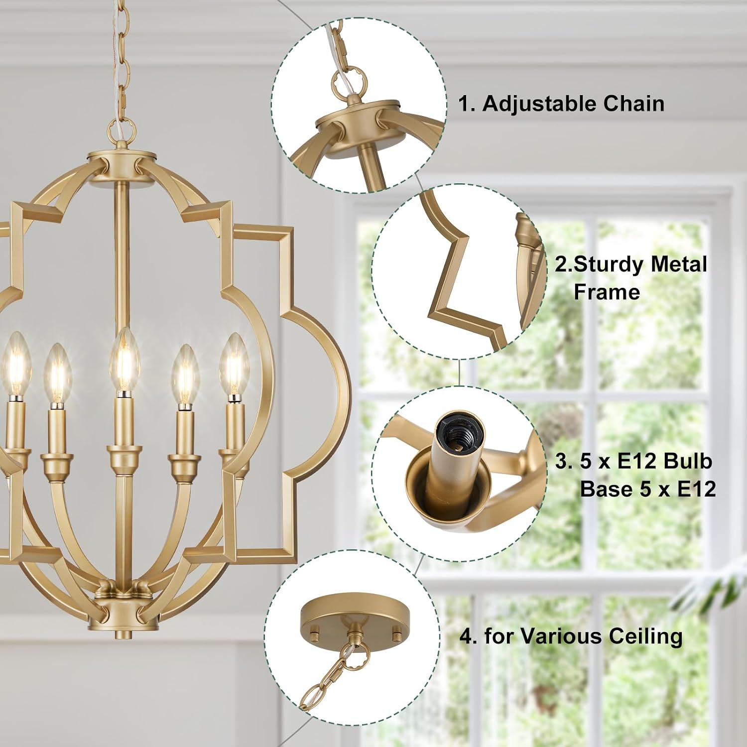 5-Light Gold Farmhouse Pendant Hanging Light Fixtures, 22' Rustic Globe Chandelier for Kitchen Island, Dining Room, Living Room, Hallway, Entryway