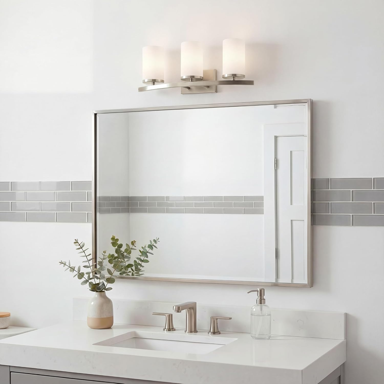 Kichler Crosby 23' Vanity Light in Brushed Nickel, 3-Light Contemporary Bathroom Light with Satin Etched Cased Opal Glass, (23' L x 8.75' H), 45497NI