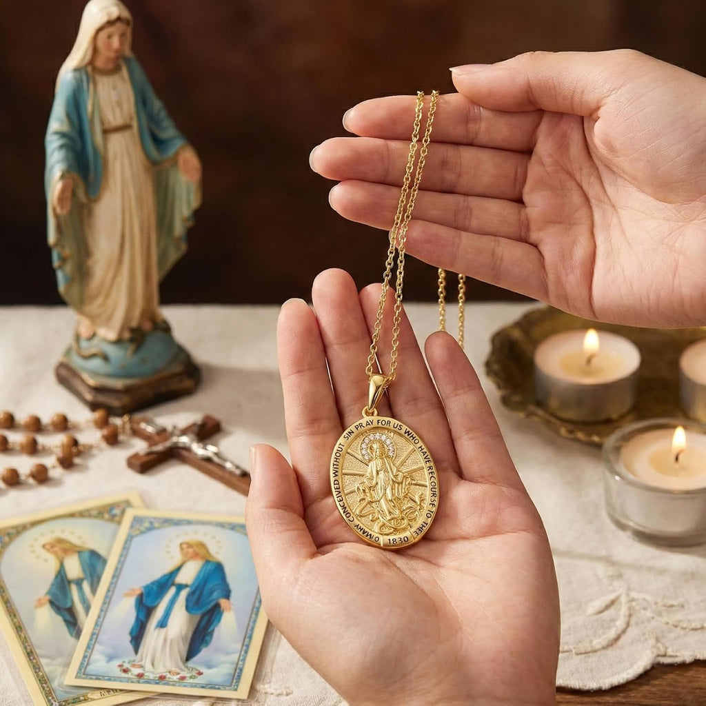 Miraculous Medal Necklace, 14K Gold Virgin Mary Pendant Protection Jewelry, Medalla Milagrosa Catolica Necklace Catholic Gifts for Women
