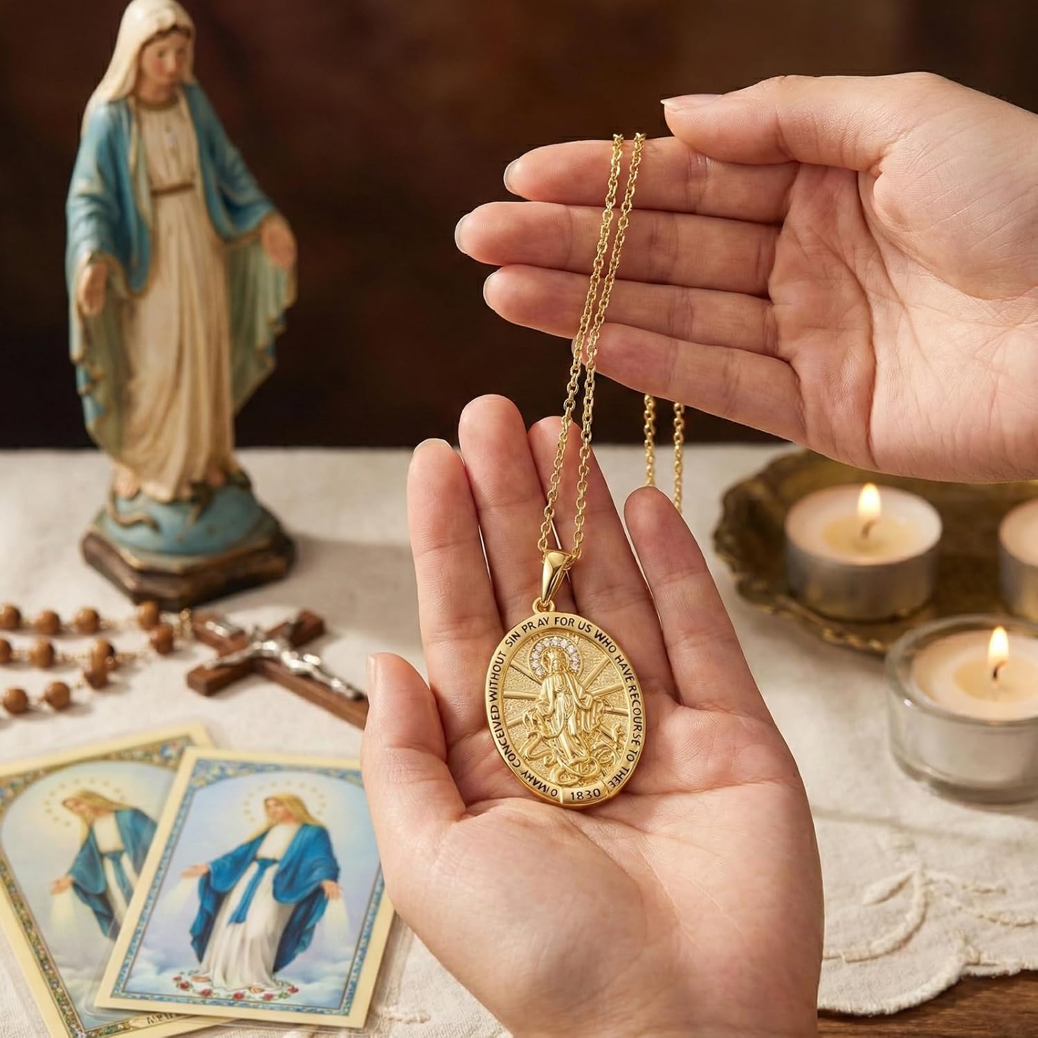Miraculous Medal Necklace, 14K Gold Virgin Mary Pendant Protection Jewelry, Medalla Milagrosa Catolica Necklace Catholic Gifts for Women