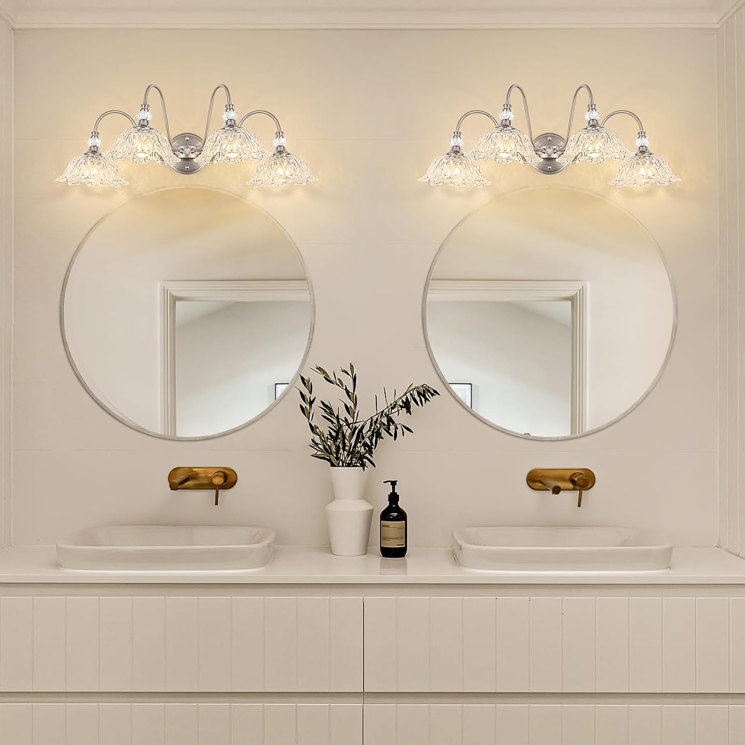 Brushed Nickel Bathroom Vanity Light, 4-Light Vanity Light with Floral Clear Glass Shades, Brushed Nickel Wall Mount Lighting for Bathroom, Dressing Table