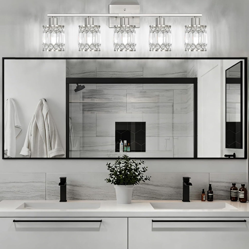 Crystal Modern Bathroom Light Fixtures, 5-Light Brushed Nickel Bathroom Vanity Wall Light, Vanity Lights for Mirror, Restroom, Bedroom (E26 Socket, Bulbs Not Included)