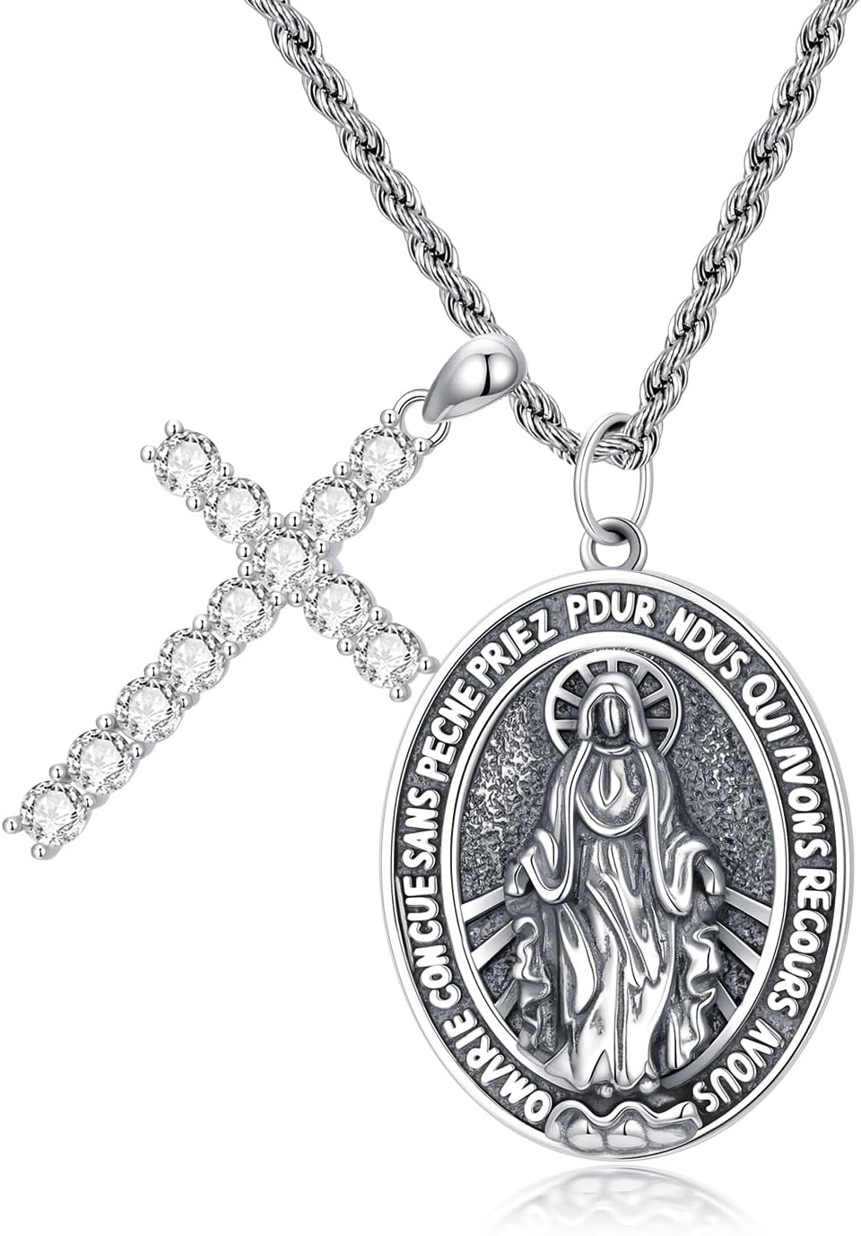Real Sterling Silver Religious Necklace for Women, s925 Silver Cross Necklace Christian Religion Jewelry for Confirmation Baptism Ladies Mom, 18+2'