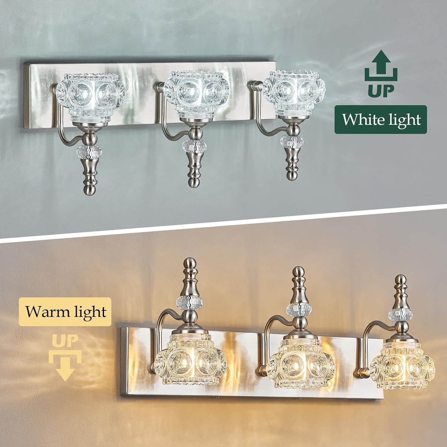 Modern Glass Crystal Vanity Light - Vintage Bathroom Lighting Fixtures Over Mirror, 3 Light Vanity Lights G9 Bulb (19.68 Inch, Nickel)