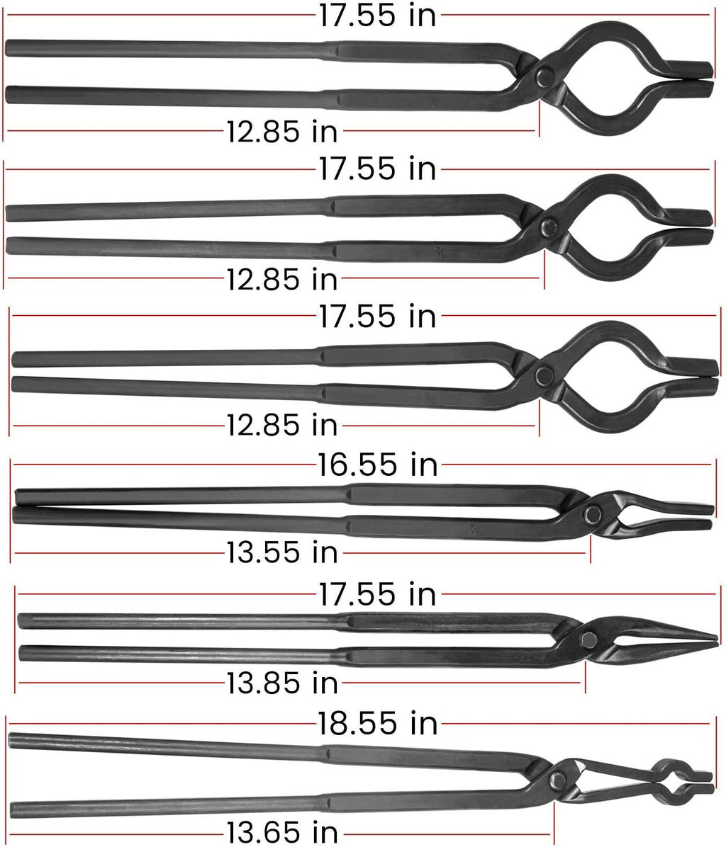 Beginner Blacksmith Tongs Knife Making Tong Set Bladesmith Forge Tong Tools Set Anvil Vise Includes 1/4 Flat Jaw, Pick Up, Scroll, 3/8 1/2 5/8 V-Bit Tongs (6 Piece)