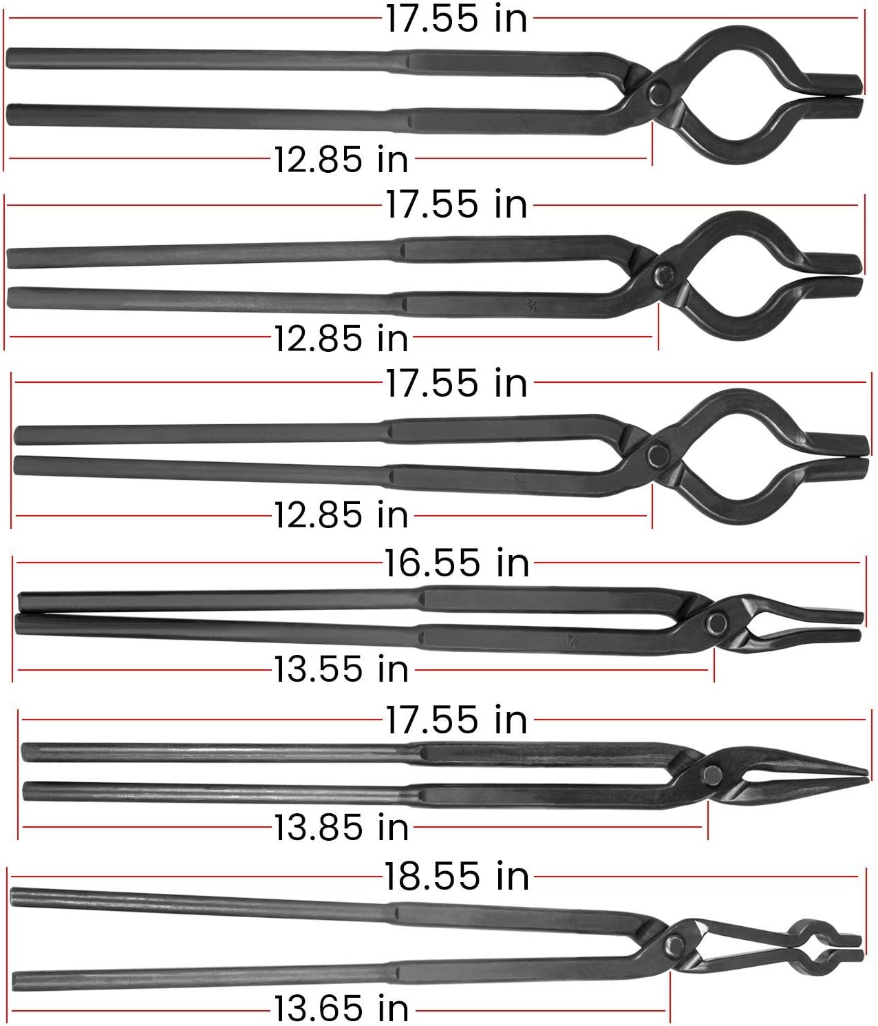 Beginner Blacksmith Tongs Knife Making Tong Set Bladesmith Forge Tong Tools Set Anvil Vise Includes 1/4 Flat Jaw, Pick Up, Scroll, 3/8 1/2 5/8 V-Bit Tongs (6 Piece)