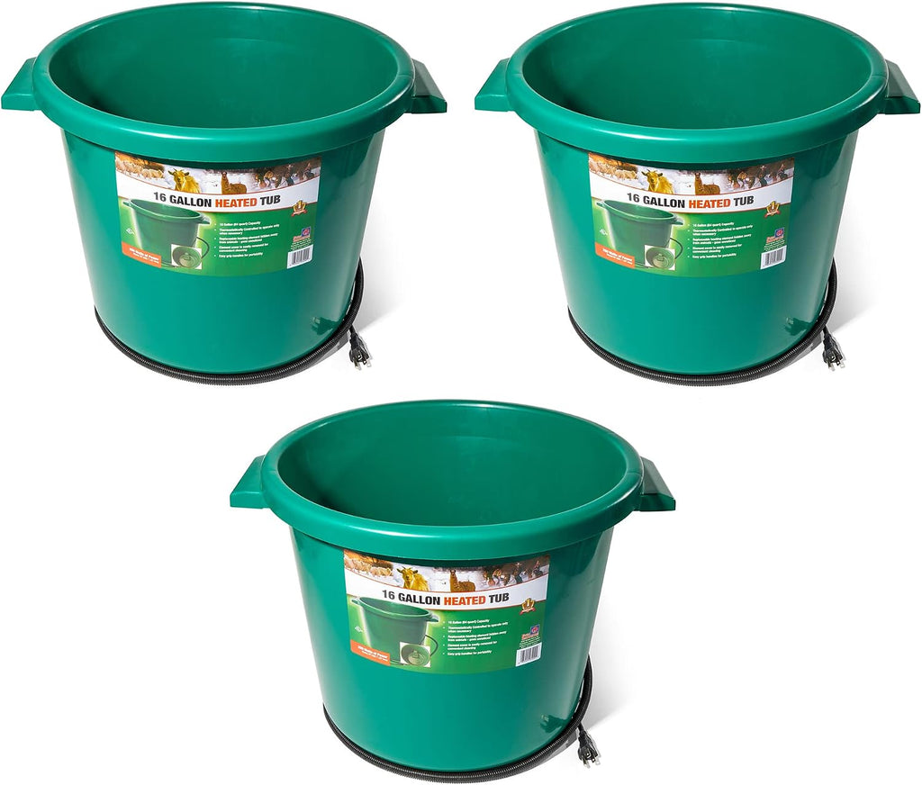 Farm Innovators 3 Pack Heated Water Bucket, 200W Heating Power - 16 Gallon Plastic Bucket with Replaceable Heating Element for Livestock Watering & Feeding