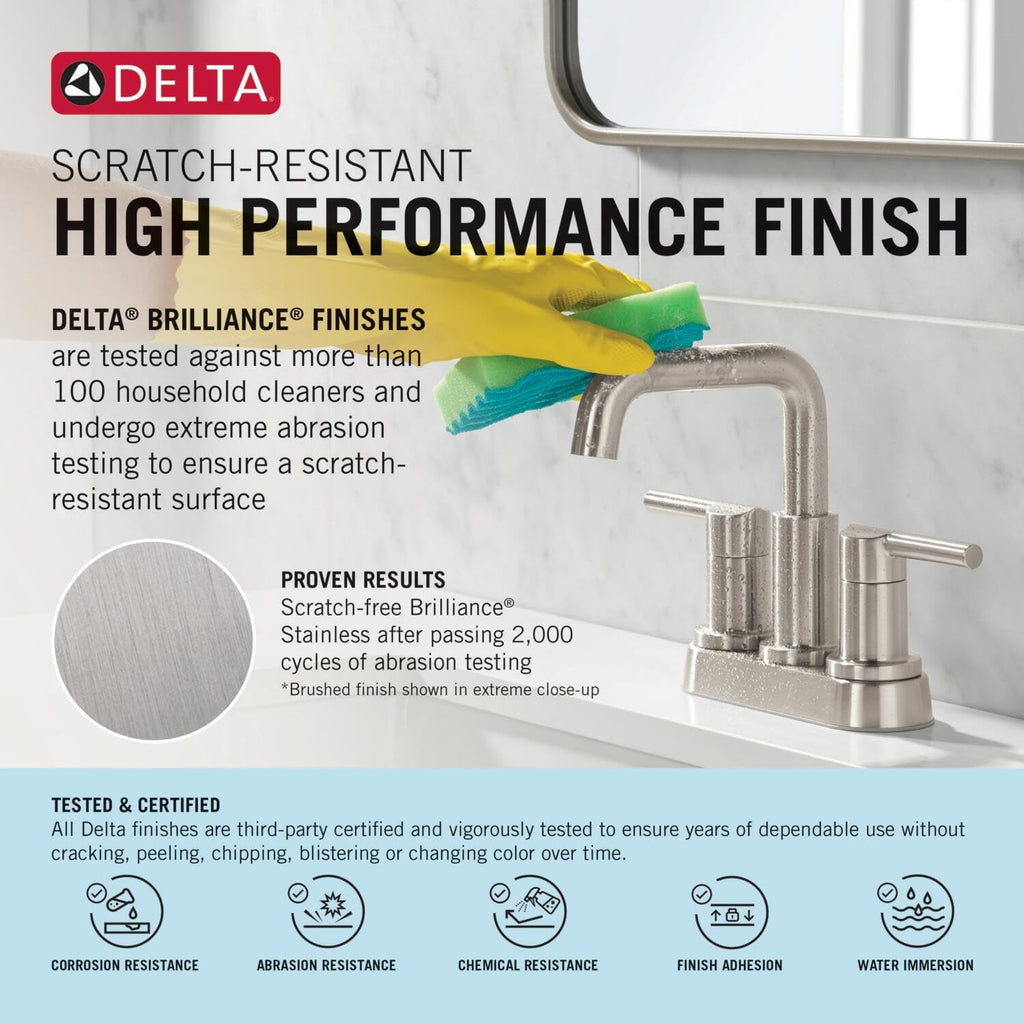 Delta Velum Brushed Nickel Bathroom Faucet 3 Hole, 8 Inch Widespread Bathroom Sink Faucet for Vanity, Metal Push-Pop Drain Assembly, Stainless 3539LF-SSMPU