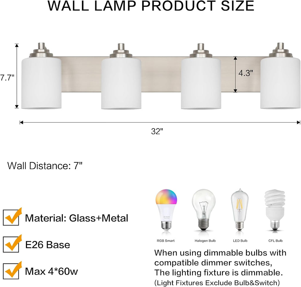 SOLFART Brushed Nickel Bathroom Vanity Light Vintage 4 Light Wall Light with Milky White Globes, 4 Lights Modern Over Mirror Lighting Fixture for Bathroom