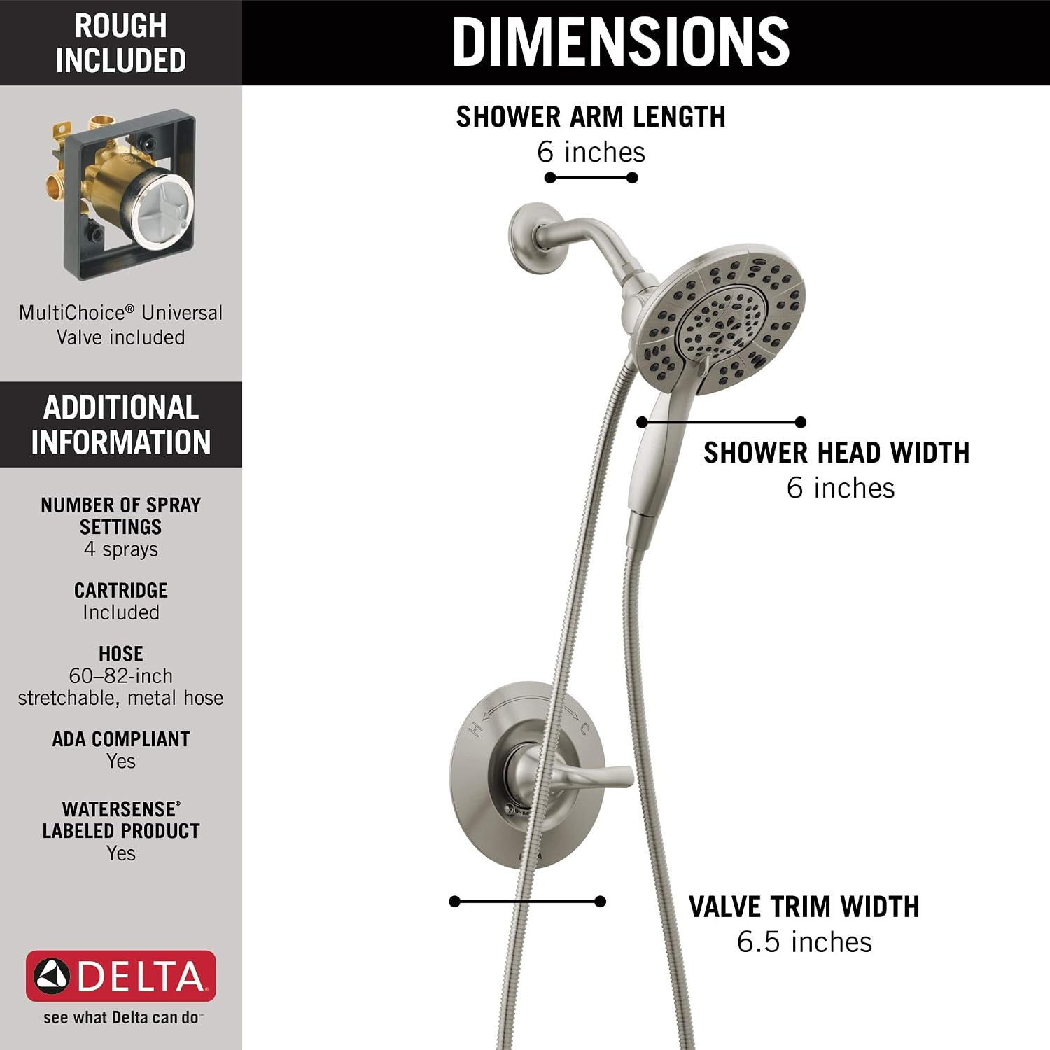 Delta Arvo 14 Series Brushed Nickel Shower Faucet Set with In2ition 2-in-1 Dual Shower Head with HandHeld Spray Combo, Valve Trim Kit, SpotShield Stainless 142840-SP-I (Valve Included)