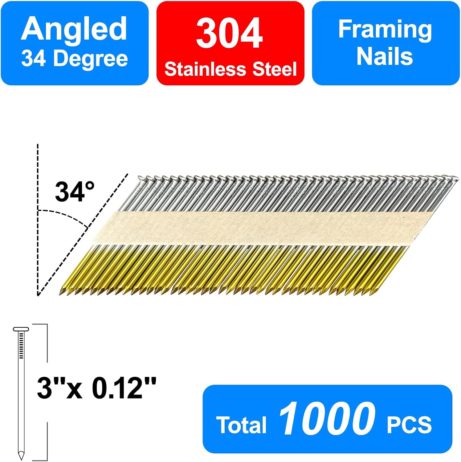 34-30 Degree Framing Nails 304 Stainless Steel D Head Smooth Shank Paper Tape Strip Nails for 30 to 34 degree Framing Nailer (3'-1000PCS)