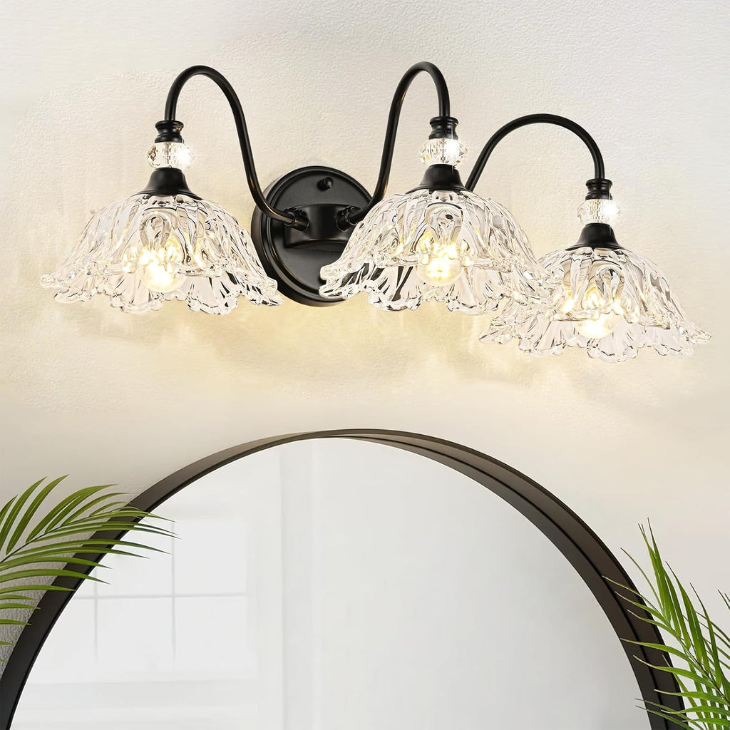 Black Bathroom Vanity Light,3-Light Vanity Light with Crystal Glass Shades,Vintage Farmhouse Vanity Lighting for Bathroom and Dressing Table