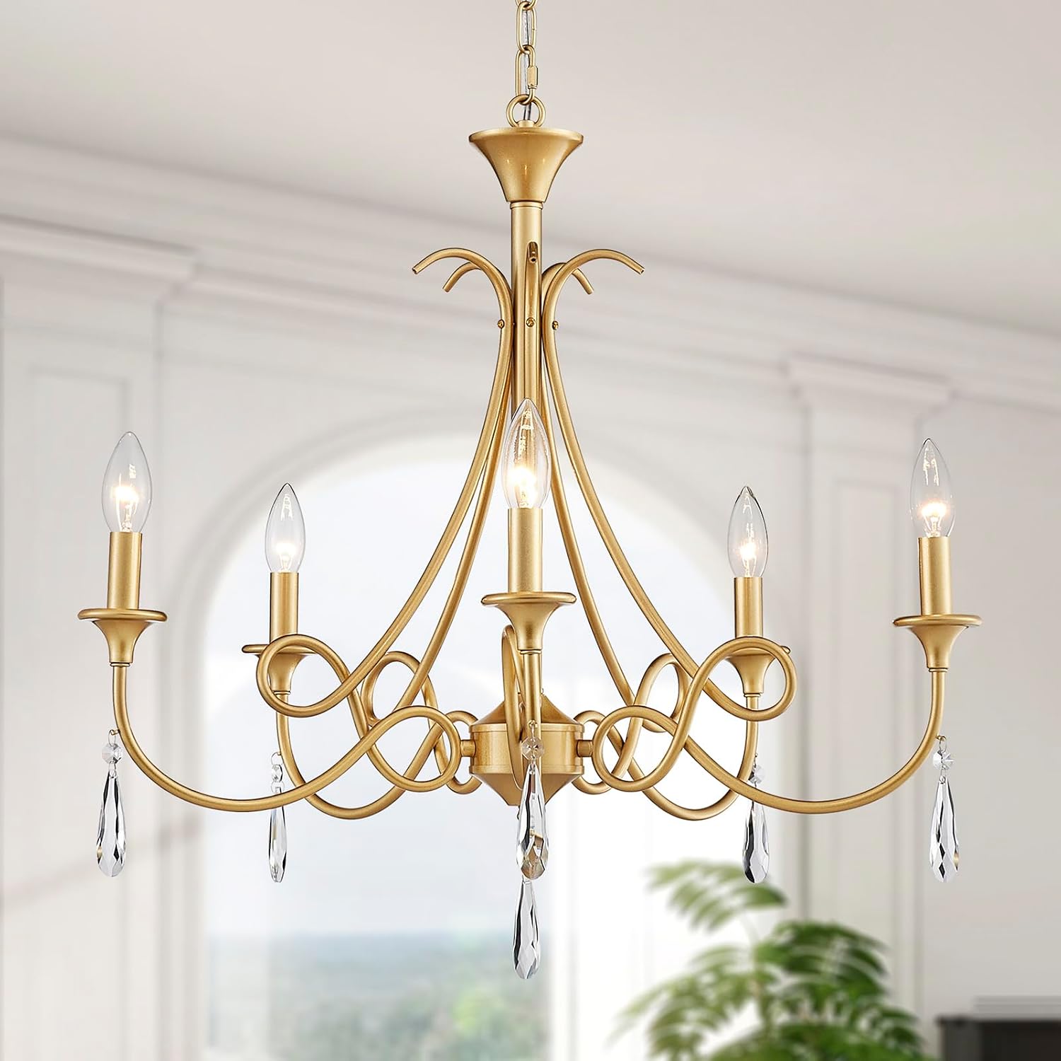 5-Light Farmhouse Chandeliers for Dining Room Lighting Fixtures Hanging, Rustic Gold Candle Modern Chandelier Vintage Hanging Ceiling Lamp for Bedroom Kitchen Island Living Room Entryway Foyer, Gold