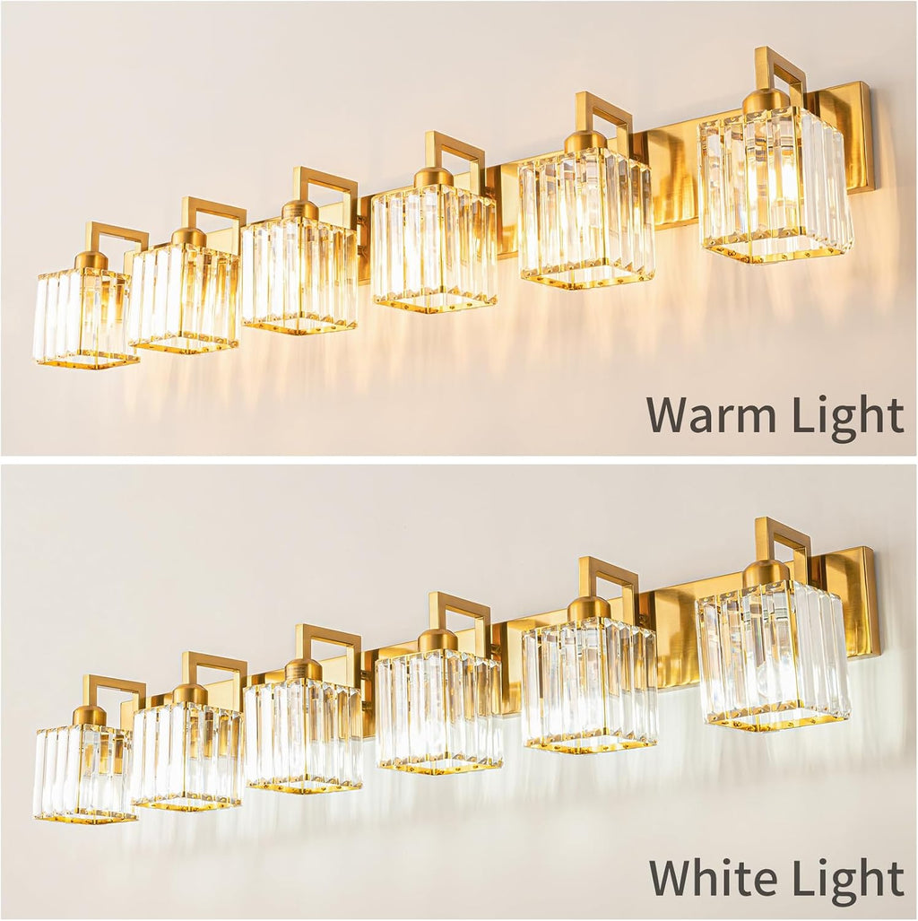 Crystal Bathroom Vanity Light 6-Lights Gold Brushed Brass Finish Modern Crystal Wall Lamp Bathroom Modern Crystal Vanity Lighting