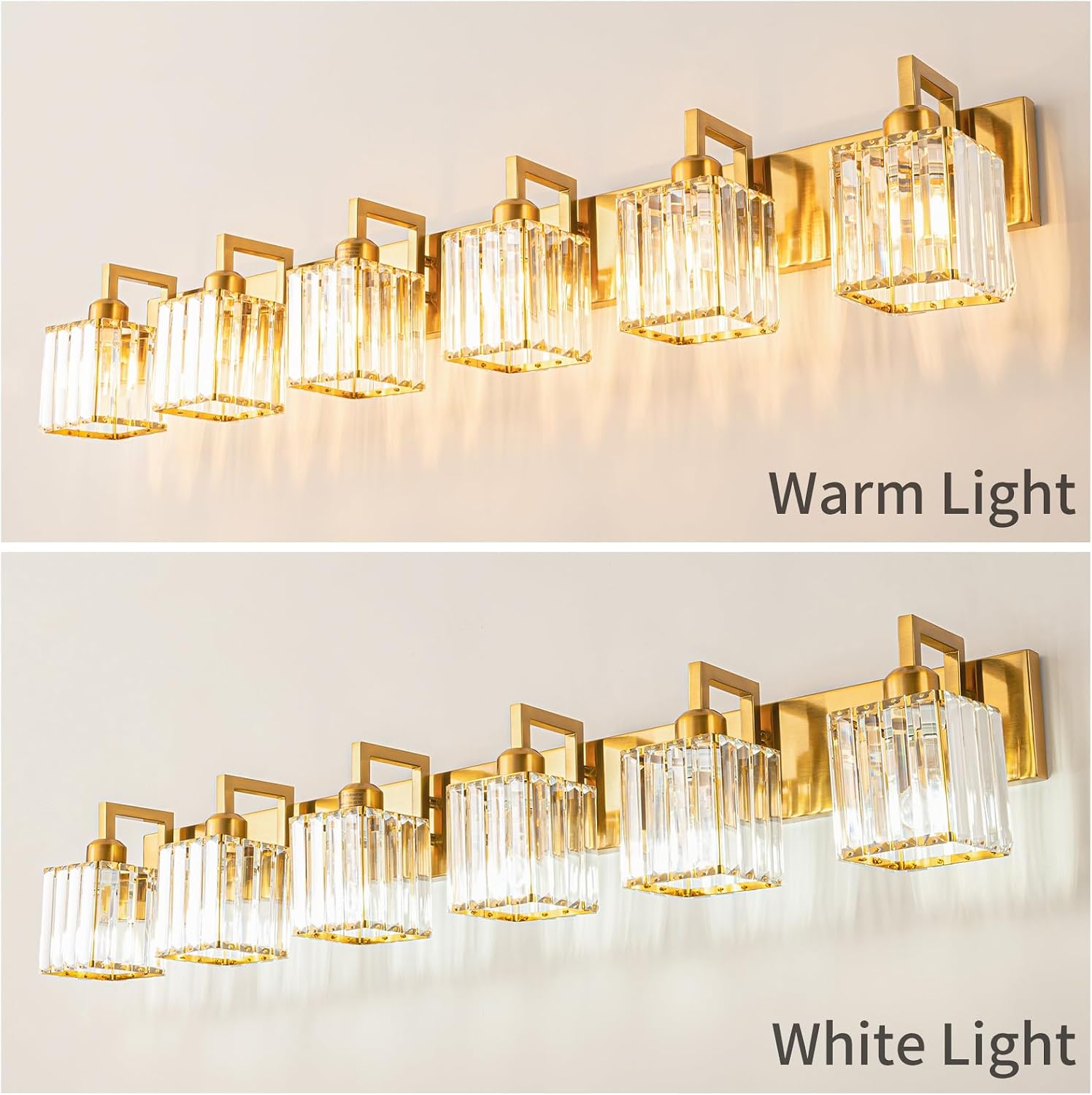 Crystal Bathroom Vanity Light 6-Lights Gold Brushed Brass Finish Modern Crystal Wall Lamp Bathroom Modern Crystal Vanity Lighting