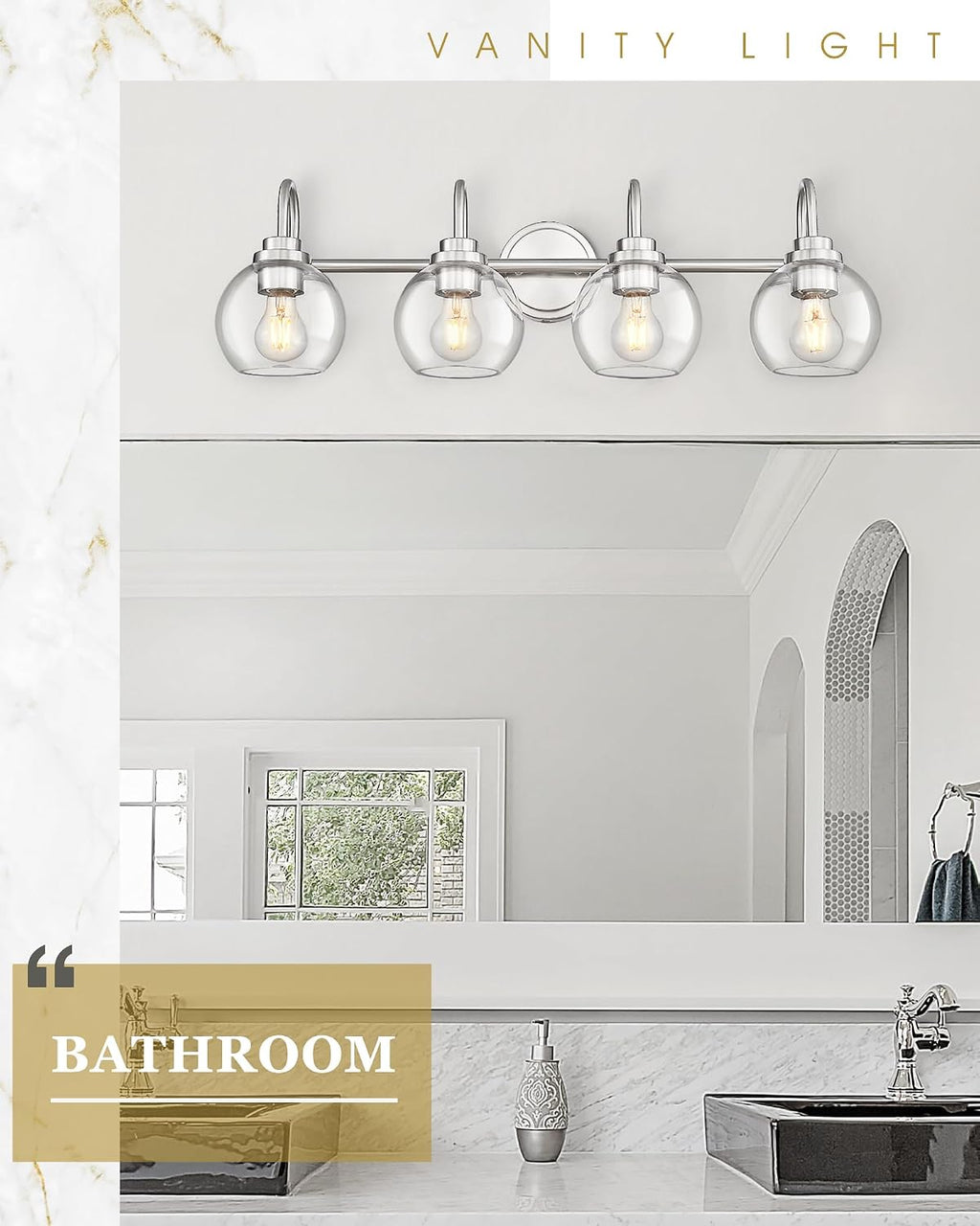 Bathroom Light Fixtures, 4-Light Brushed Nickel Vanity Lights Over Mirror with Globe Clear Glass, 30 Inch Modern Vanity Lighting Fixtures, AD-22280-4W-SN
