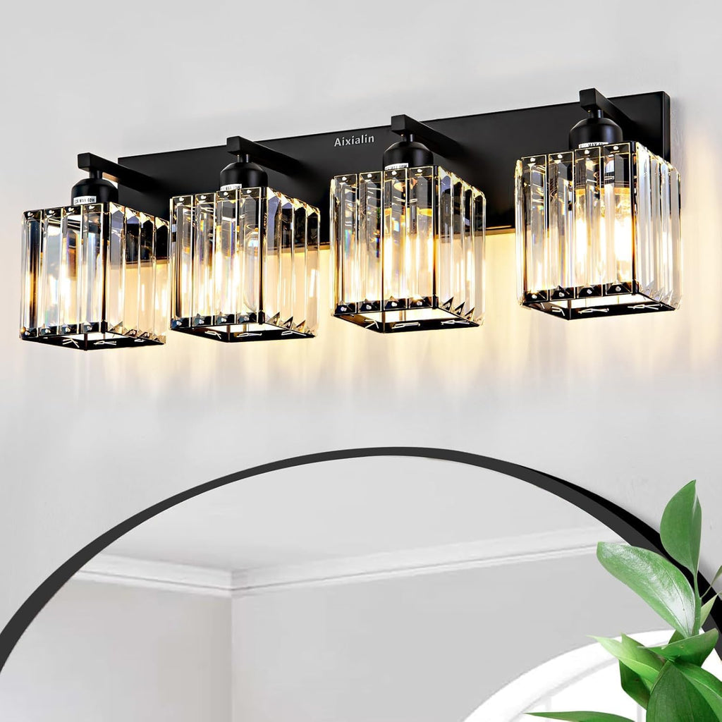 Modern Crystal Bathroom Vanity Light 4-Lights Modern Black Crystal Bathroom Wall Light Fixtures Over Mirror