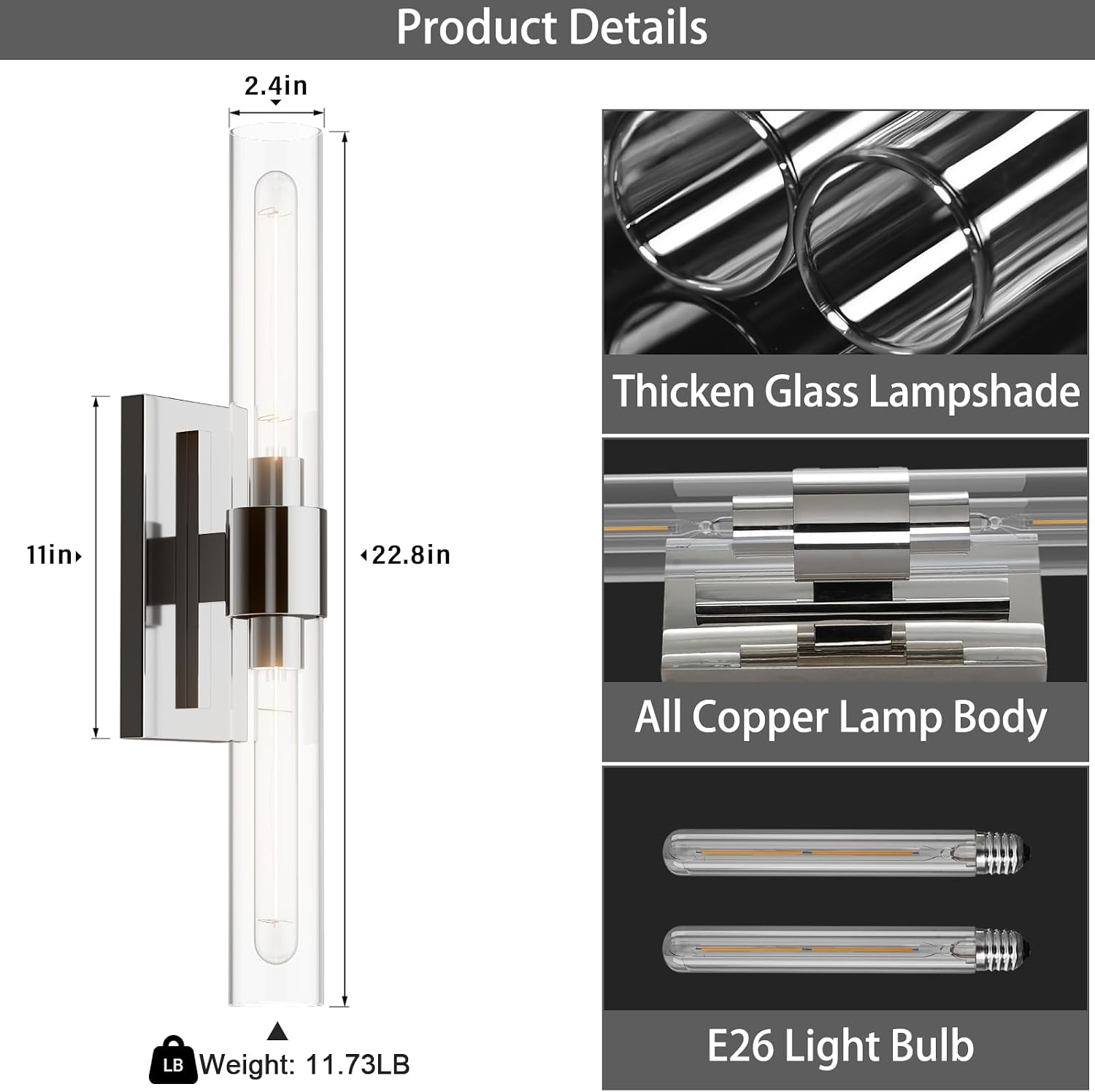 Nickel Wall Sconces Set of Two, Brass 22.8' Sconces Wall Lighting,Bathroom Vanity Lights with Clear Glass Shade for Mirror, Living Room, Bedroom, Hallway, Fireplace, Staircas（Including Bulb）