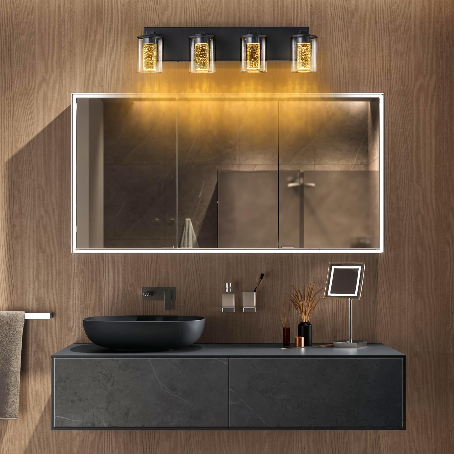 SineRise Black Vanity Light (4-Light, 24-Inch), (3000K/4000K/6000K, Dimmable), Eye Protection LED Bathroom Light Fixture, Modern Wall Light Over Mirror with Clear Glass Shade