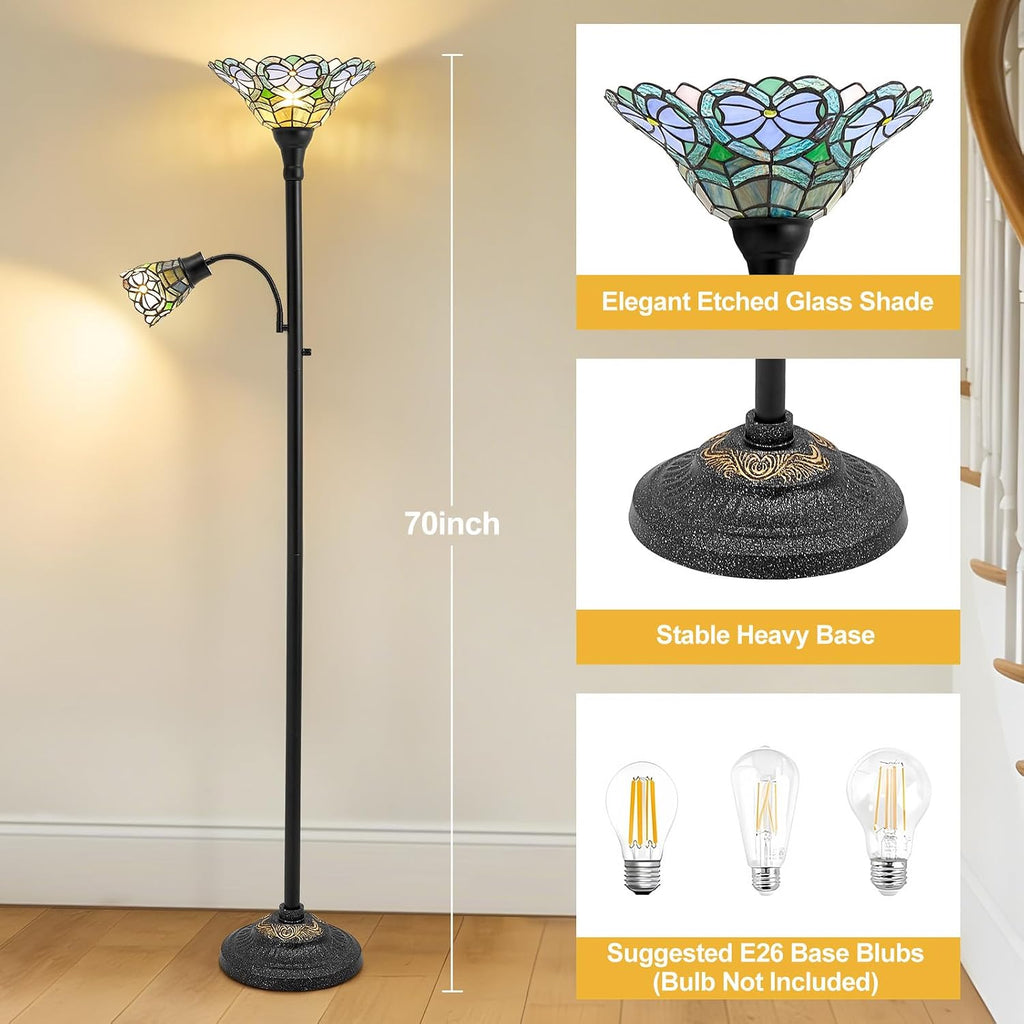 Luvkczc Tiffany Floor Lamp, Stained Glass Lamp Victorian Style with Adjustable Gooseneck Reading Lamp – 70' Tall Torchiere Floor Lamps for Living Room