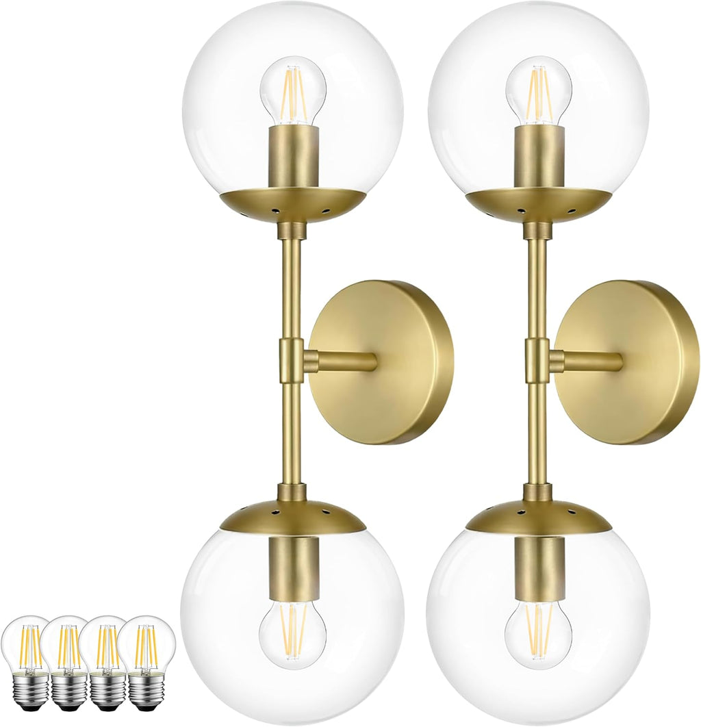 KoKo&Yukina 2 Pack Mid Century Modern Bathroom Vanity Light Brushed Gold Vanity Lighting Fixtures Modern Wall Sconce 2-Lights Globe Vanity Light with Clear Glass Shade for Bathroom(Bulb Incl)