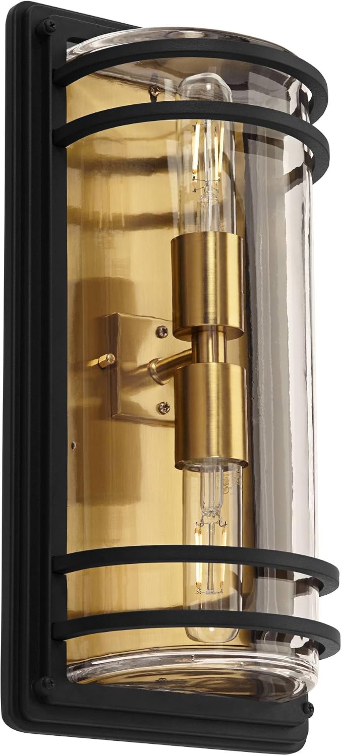 John Timberland Habitat Modern Industrial Wall Light Sconces Set of 2 Black Warm Brass Hardwire 7 1/2' Fixture Clear Glass Shade for Bedroom Bathroom Bedside Vanity Living Room Home Hallway