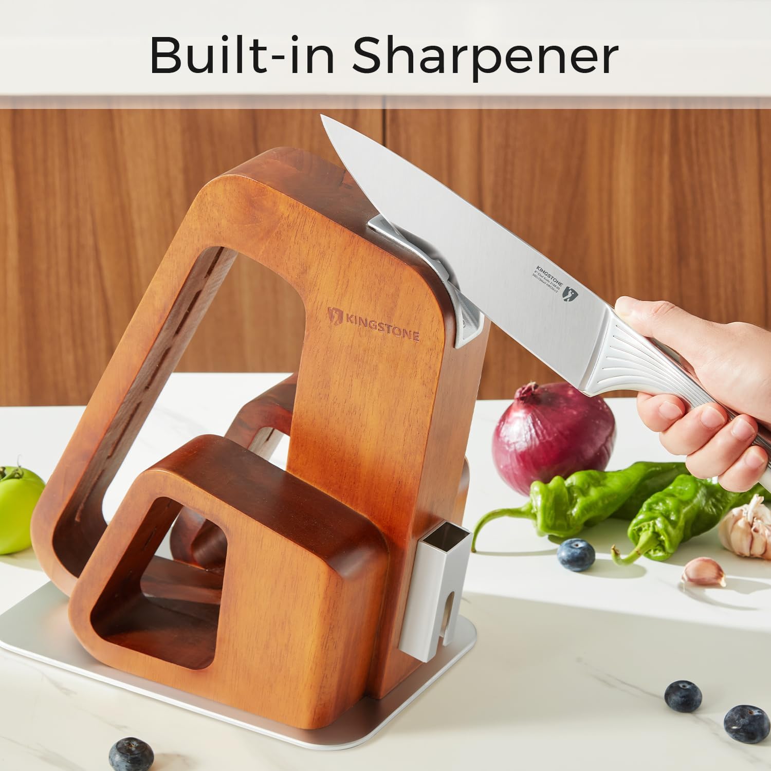 KINGSTONE Kitchen Knife Set with Block,14 Pcs German Stainless Steel Knife Set with Built-in Sharpener, Dishwasher Safe Knife Block Set (walnut, 14pcs)