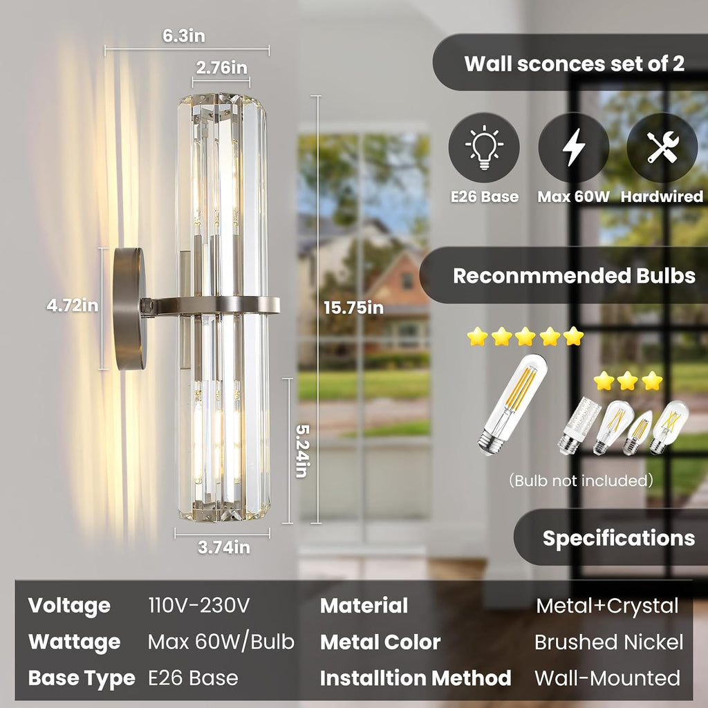 Crystal Wall Sconce Set of 2, Brushed Nickel Luxury Indoor Vanity Wall Lamp, 15.7-Inch Upper and lower illuminated Bathroom Light Fixtures, for Living Room, Bedroom, Bathroom, Hallway, Mirror, E26