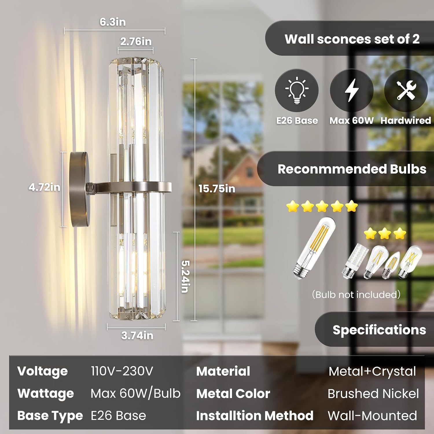 Crystal Wall Sconce Set of 2, Brushed Nickel Luxury Indoor Vanity Wall Lamp, 15.7-Inch Upper and lower illuminated Bathroom Light Fixtures, for Living Room, Bedroom, Bathroom, Hallway, Mirror, E26
