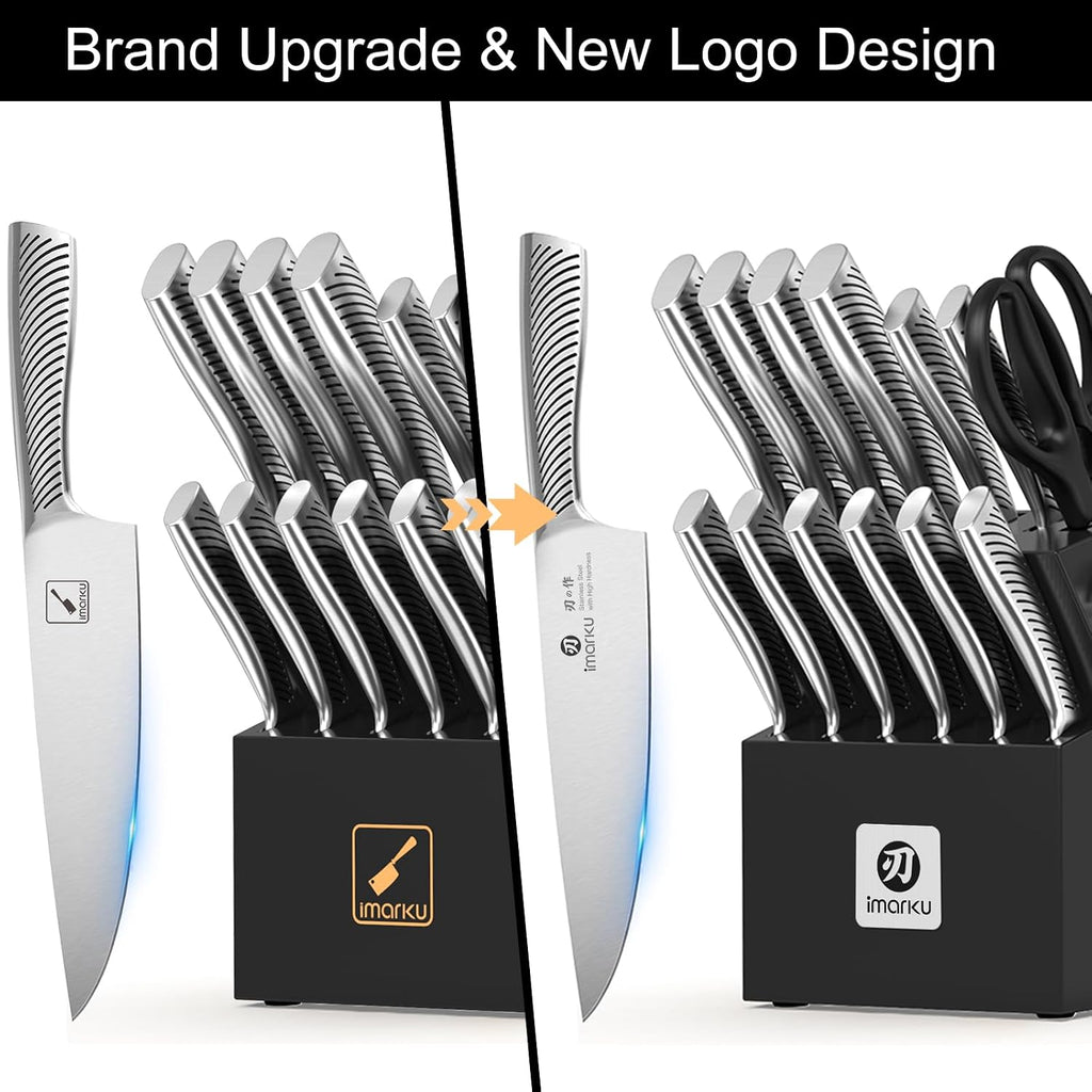 imarku 14-Piece Knife Block Set, Knife Set with Block and Build-in Sharpener, Japanese Stainless Steel Knife Set for Lasting Sharpness, Dishwasher Safe, Black
