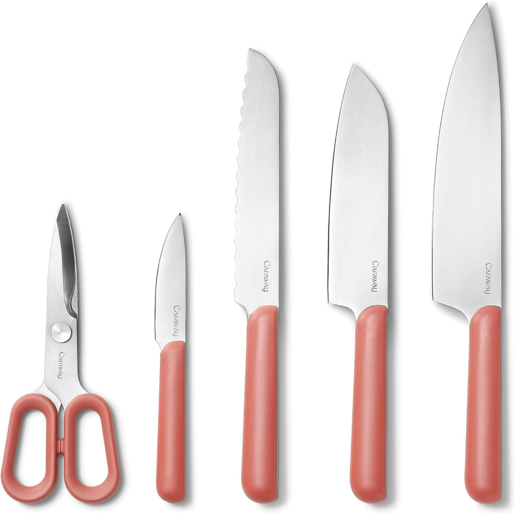 Caraway 5 Piece Knife Set - Premium German Steel Blade Kitchen Knives - Ergonomic Handles - No Microplastics - Perracotta
