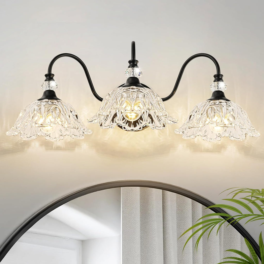 Black Bathroom Vanity Light,3-Light Vanity Light with Crystal Glass Shades,Vintage Farmhouse Vanity Lighting for Bathroom and Dressing Table