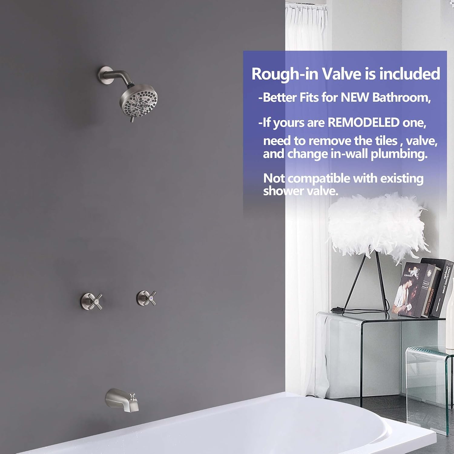 2 Handle Tub Shower Faucet Bathtub Shower Faucet Set Brushed Nickel, Tub and Shower Trim Kit Wall Mounted