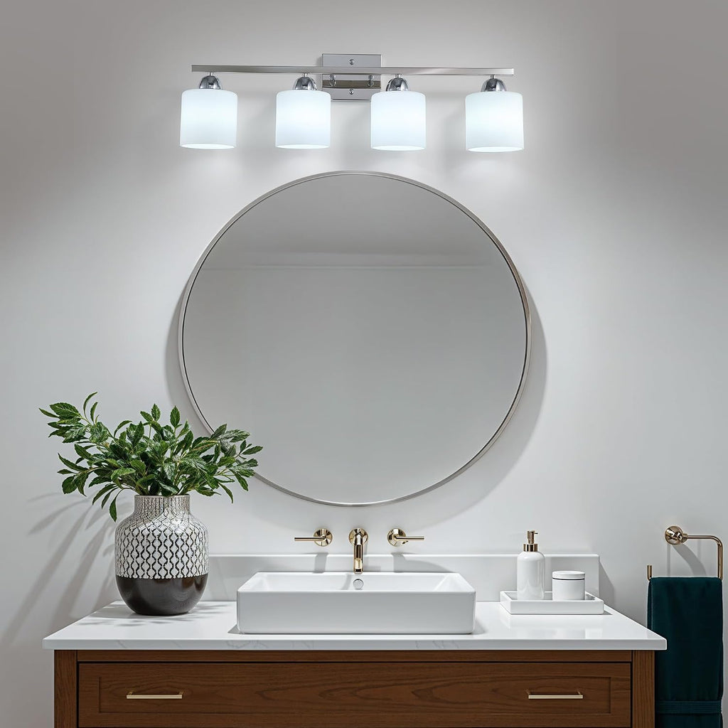 Mecgirn Stainless Steel Milk Glass Vanity Lights for Bathroom, 4 Light Chrome Bathroom Light Fixtures Over Mirror, Ceramic E26 Sockets Wall Mounted