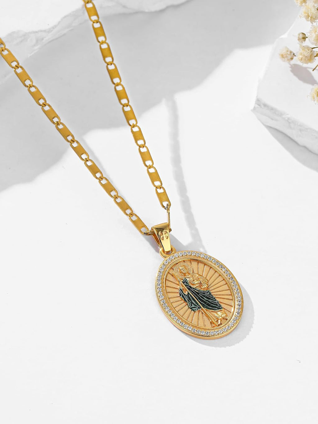 Patron Saint Medals, 14K Gold Catholic Pendant Necklaces, Personalized Christian Jewelry Religious Gifts for Women with 22'+2' Mariner Chain