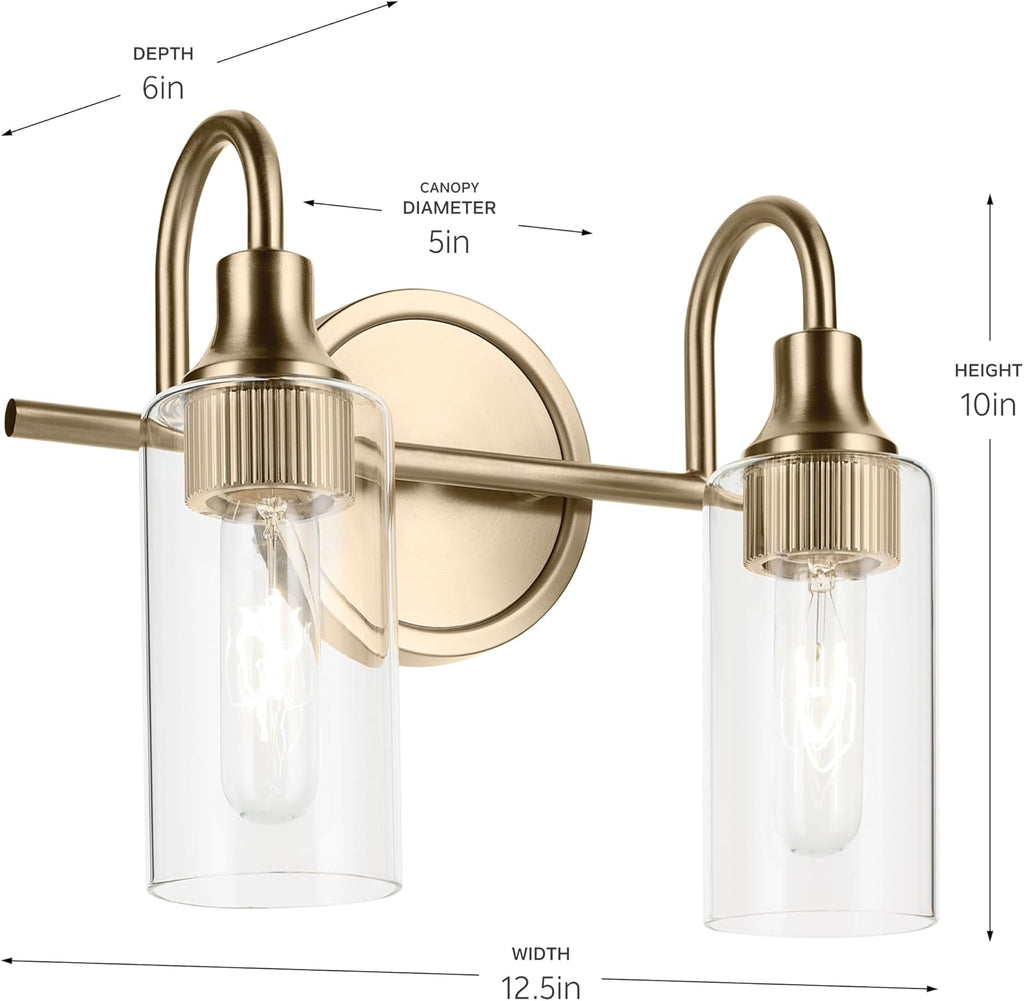 Kichler Kavi 12.5' 2-Light Bathroom Vanity Light Fixture with Clear Glass in Champagne Bronze, Modern Wall Mount Over Mirror for Powder Room, Damp Rated (12.5' W x 10' H), 55210CPZ