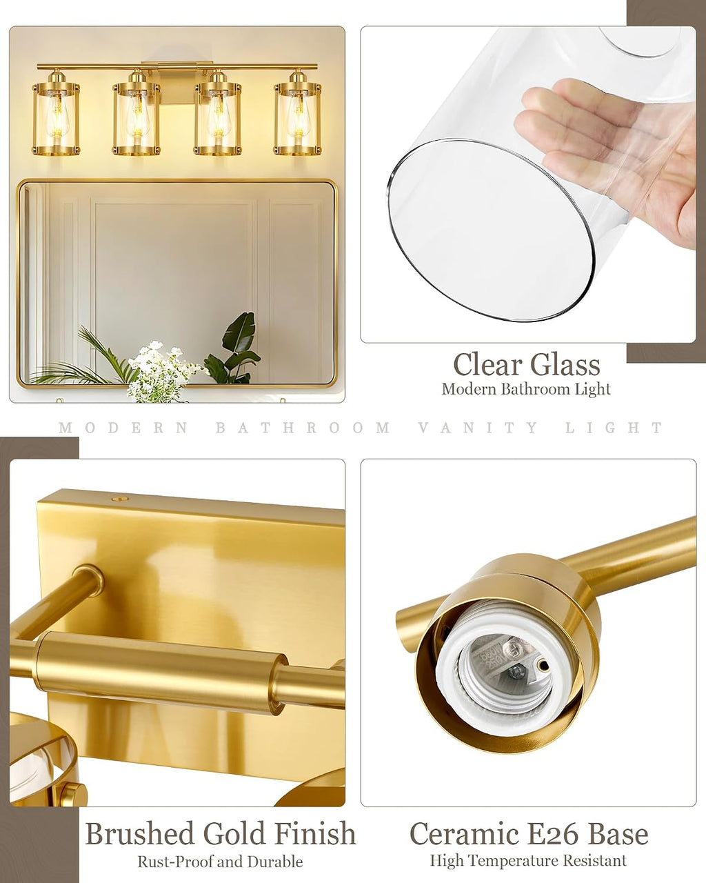 4-Light Brushed Gold Bathroom Light Fixtures with Clear Glass and Metal Cage, 29 Inch Modern Brass Vanity Lighting Over Mirror Wall Sconce Lights for Bath, E26, Rust-Proof, OS-3014BG-4W