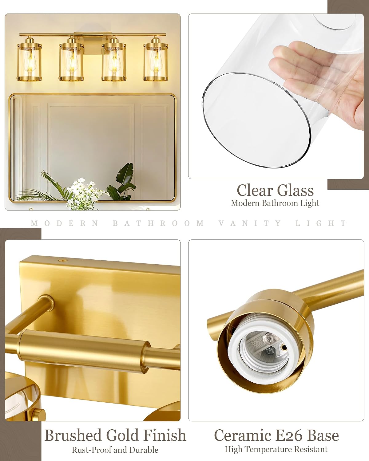 4-Light Brushed Gold Bathroom Light Fixtures with Clear Glass and Metal Cage, 29 Inch Modern Brass Vanity Lighting Over Mirror Wall Sconce Lights for Bath, E26, Rust-Proof, OS-3014BG-4W