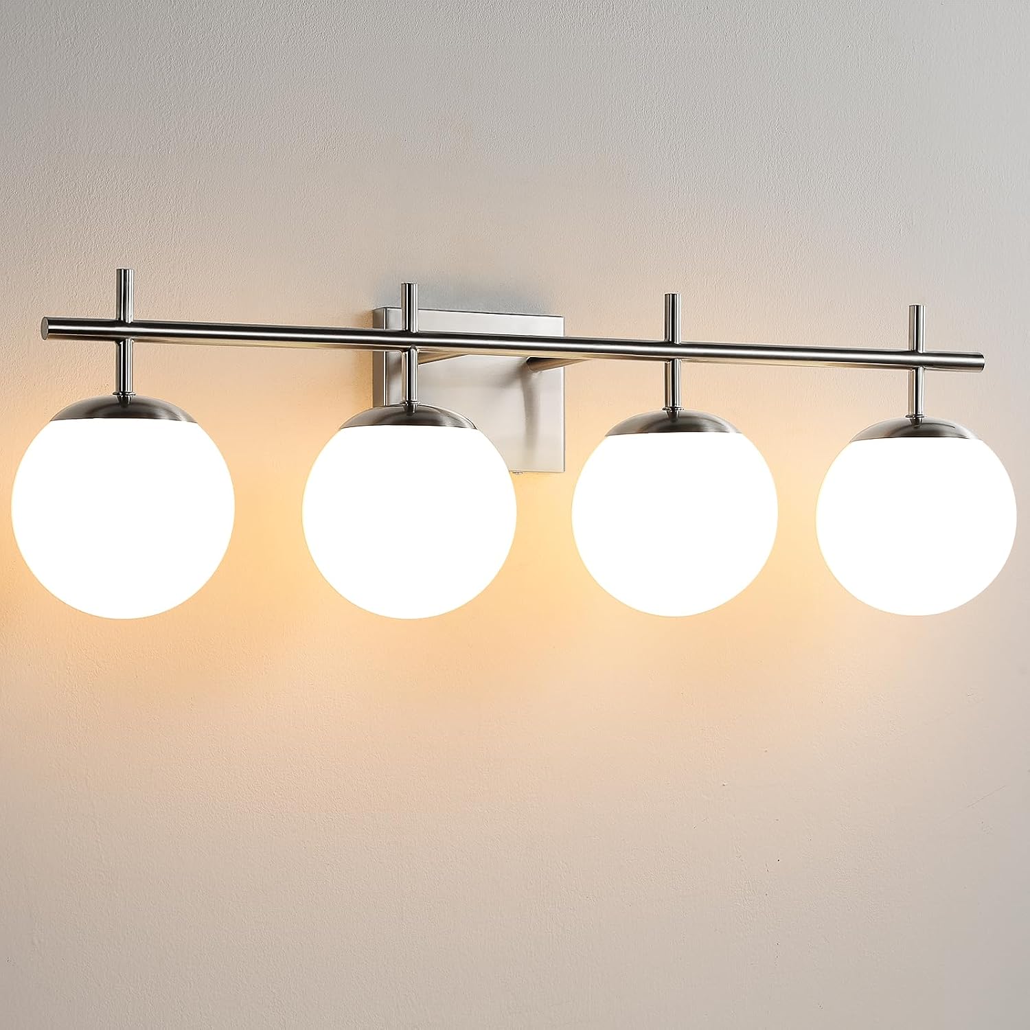 AIJIASI Bathroom Vanity Light, 4-Light Brushed Nickel Vanity Lights, 30.7 Inch Modern Bathroom Light Fixtures with Milky White Glass Globe Shade, Vanity Lighting Fixtures Over Mirror Wall Sconce