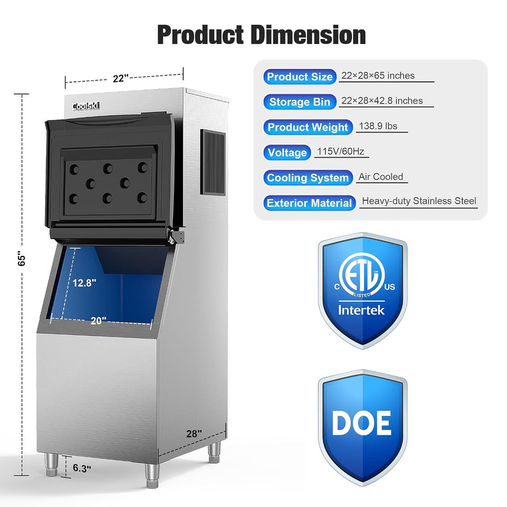 Coolski Commercial Ice Maker Machine 450LBS/24H, 22'' Wide Ice Machine with 300LBS Large Storage Bin, Clear Ice Cubes Air Cooled Stainless Steel Ice Maker for Restaurant/Bar/Cafe/Business