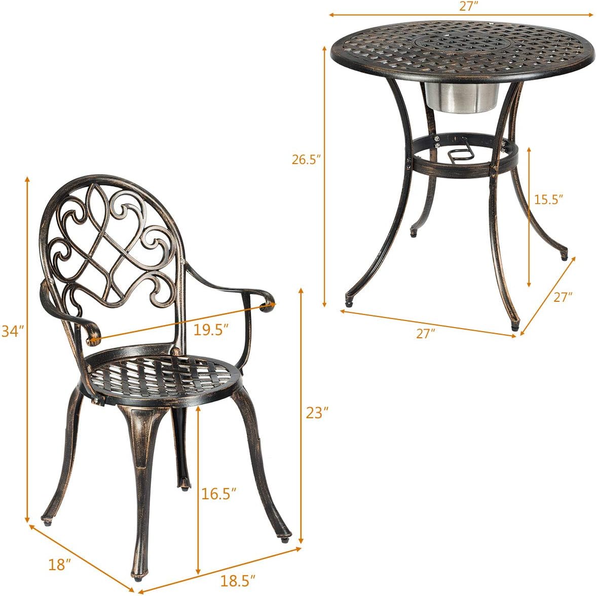 Giantex 3pcs Bistro Table Set Cast Aluminum Outdoor Patio Furniture Set Round Table W/Removable Ice Bucket, 2 Chairs Antique Garden Furniture Weather Resistant (Antique Bronze)