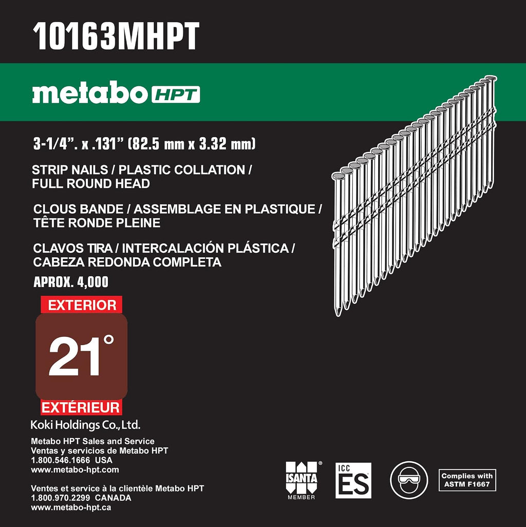 Metabo HPT Framing Nails | 3-1/4 In. x .131 | 21 Degree | Full Round Head | Hot Dipped Galvanized | Smooth Shank | 2,000 Count | 10163MHPT