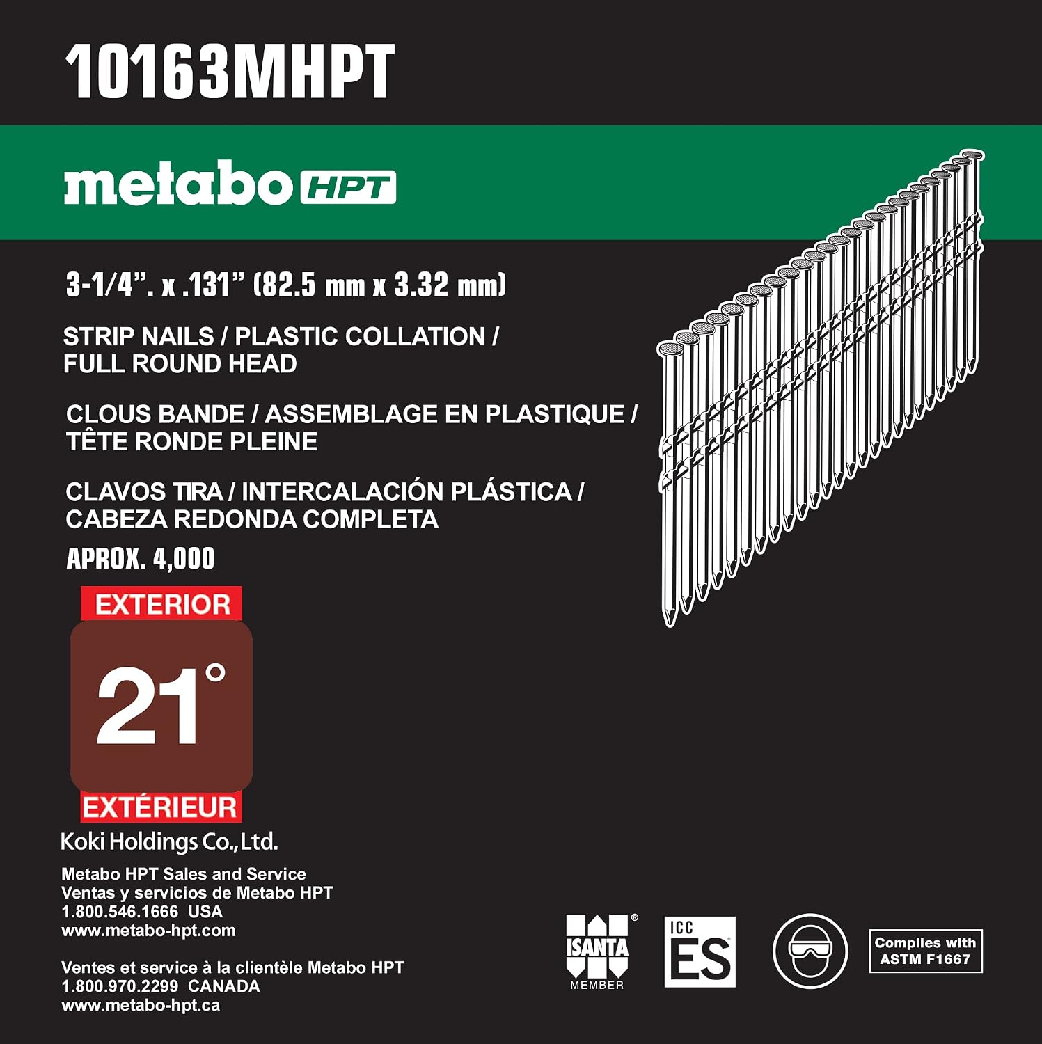 Metabo HPT Framing Nails | 3-1/4 In. x .131 | 21 Degree | Full Round Head | Hot Dipped Galvanized | Smooth Shank | 2,000 Count | 10163MHPT