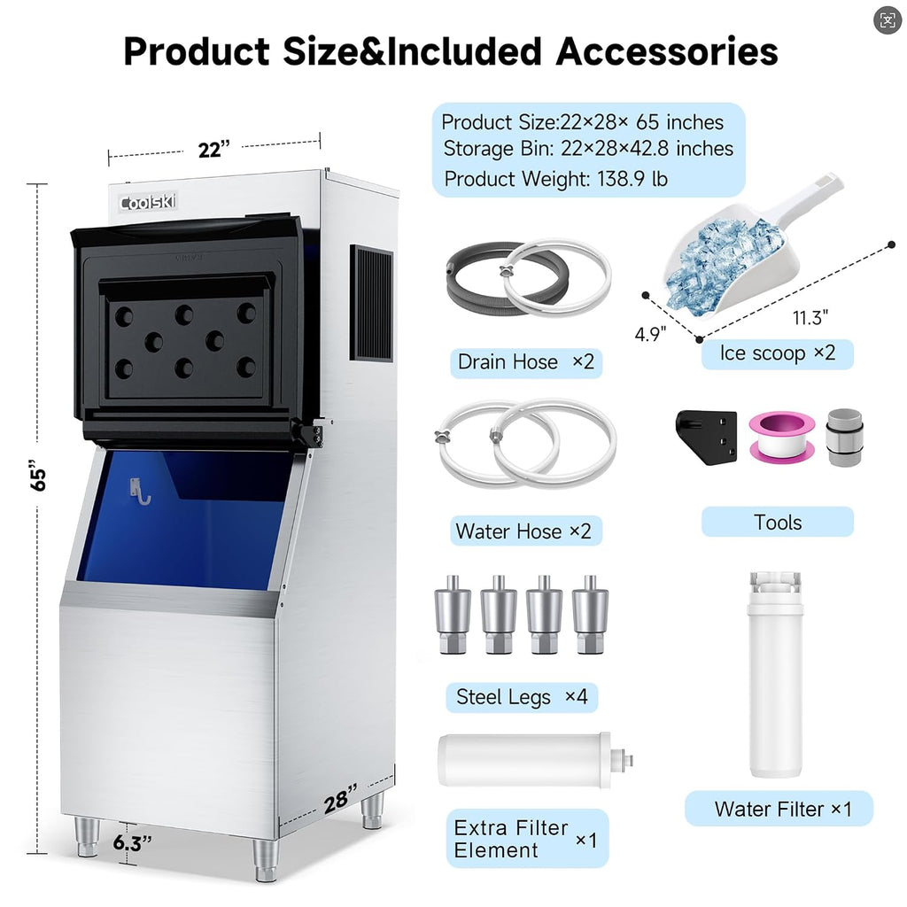 Coolski Commercial Ice Maker Machine 350LB/24H, 22'' Air Cooled Ice Machine Commercial Clear Cube/Efficient Cooling/Durable Construction, Ideal for Restaurants/Bars/Hotels, ETL Approved