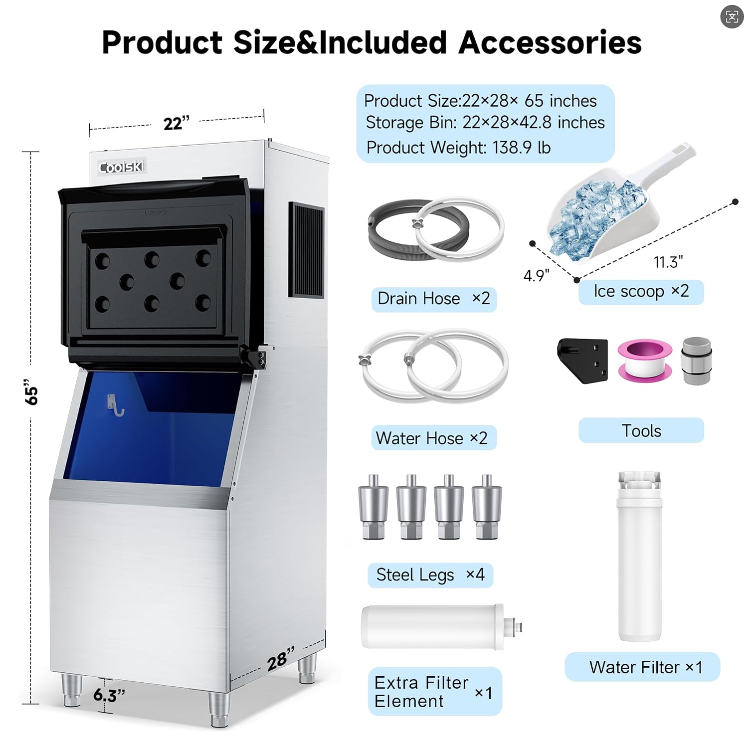 Coolski Commercial Ice Maker Machine 350LB/24H, 22'' Air Cooled Ice Machine Commercial Clear Cube/Efficient Cooling/Durable Construction, Ideal for Restaurants/Bars/Hotels, ETL Approved