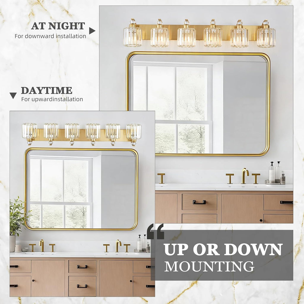 6-Lights Brushed Brass Bathroom Light Fixture Gold Vanity Lights Modern Crystal Bathroom Vanity Lighting Over Mirror Wall Sconce with K9 Crystal Shade E26 Base for Living Room, Bedroom Wall Lamp