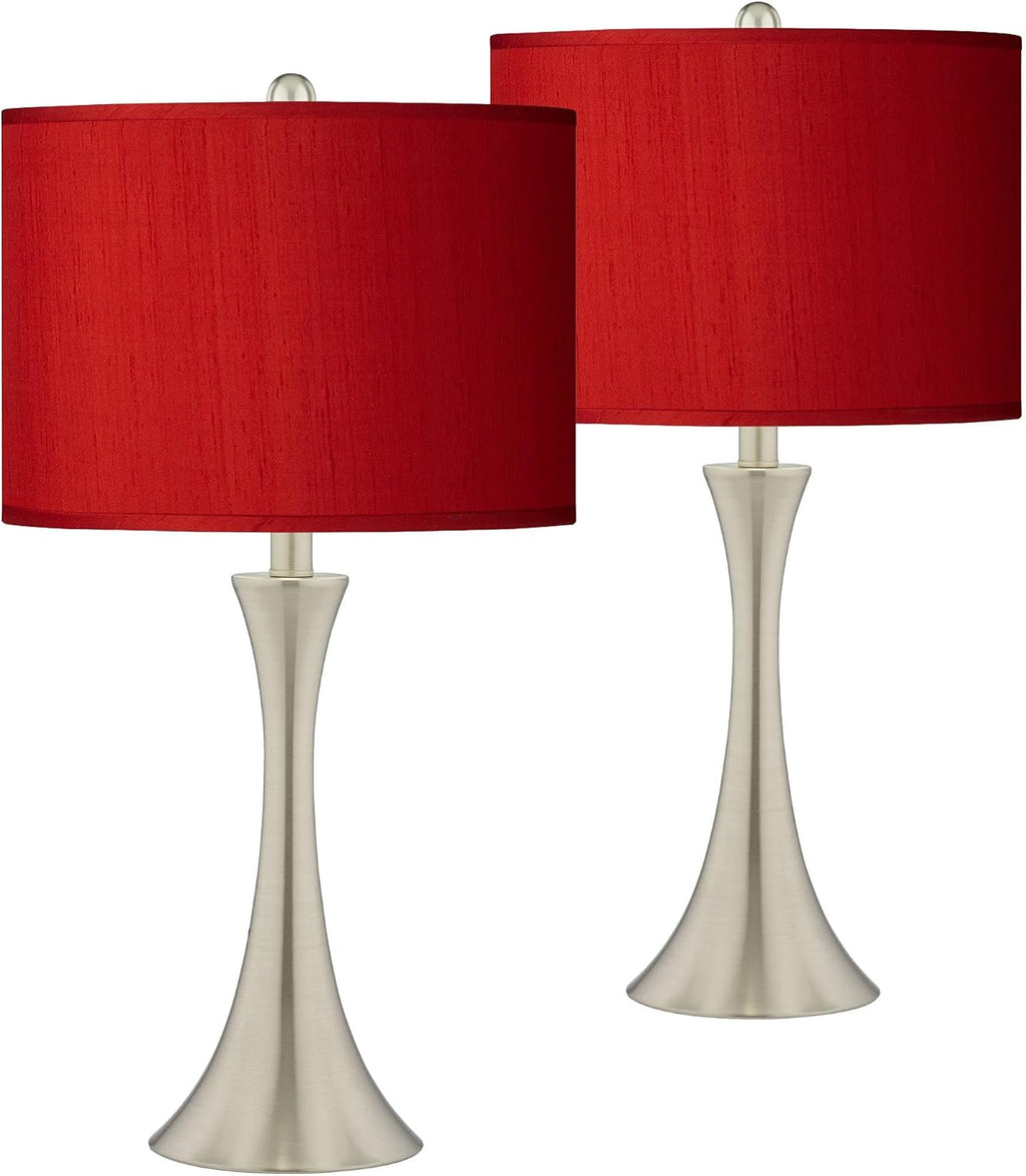 Possini Euro Design Modern Table Lamps 24' Tall Set of 2 Brushed Nickel Silver Metal LED Touch On Off Red Faux Silk Drum Shade for Bedroom Living Room House Home Bedside Nightstand Office Family