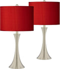 Possini Euro Design Modern Table Lamps 24' Tall Set of 2 Brushed Nickel Silver Metal LED Touch On Off Red Faux Silk Drum Shade for Bedroom Living Room House Home Bedside Nightstand Office Family